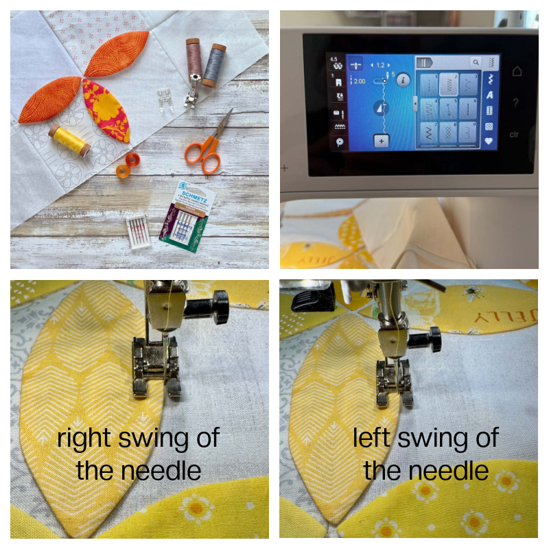 Basic steps for invisible machine applique are shown including right and left swing of the needle
