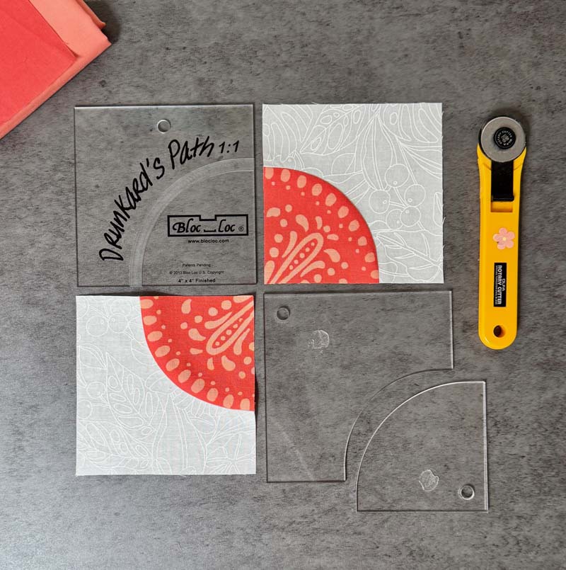 Two Drunkard's Path blocks made with the Bloc Loc ruler set.