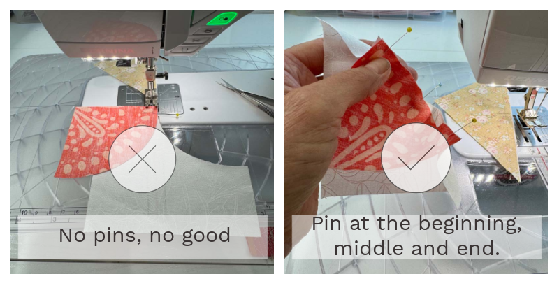 Using pins to sew a Drunkard's Path block is very helpful.