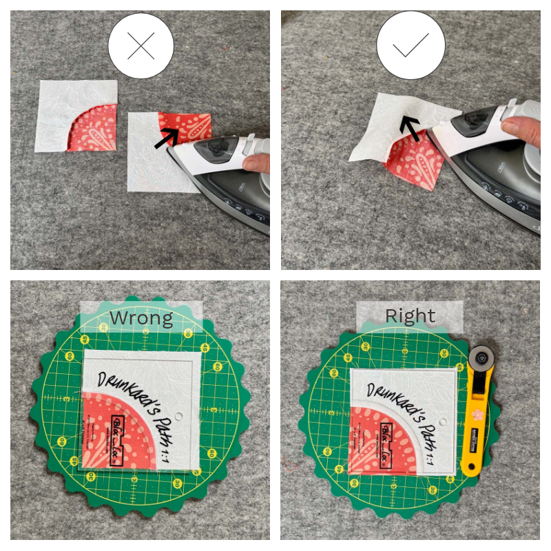 Pressing shown the correct way (away from the pie shape) and the incorrect way.