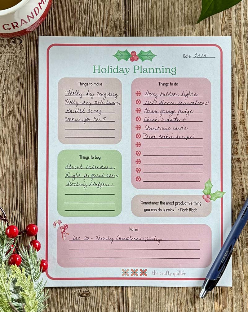 Holiday Planning Sheet in action.