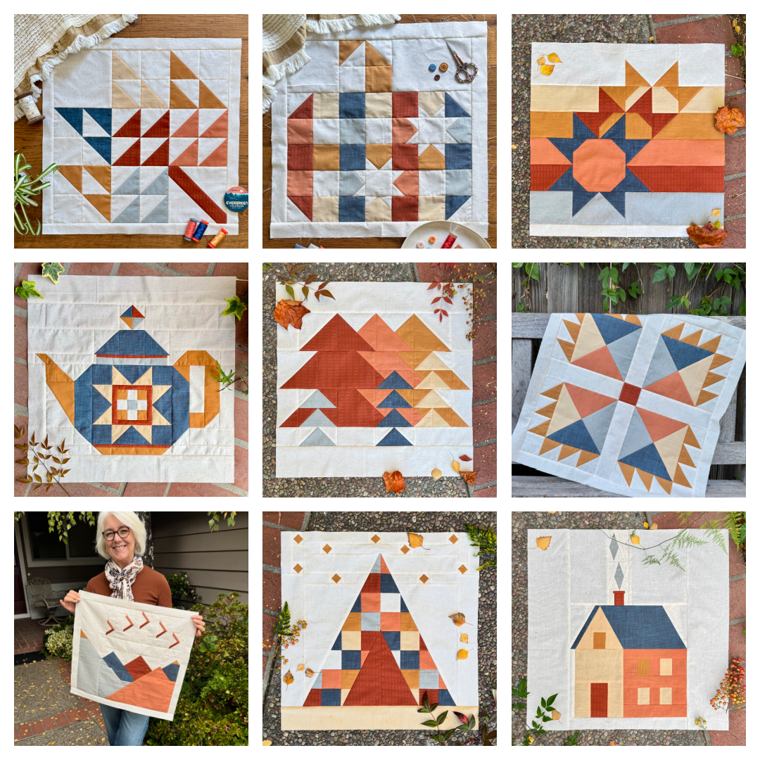 All nine Sweater Weather Sampler blocks made by Julie are displayed in a grid.